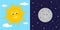 Day and night concept. Cute sun and moon characters. Sun on blue cloudy sky and moon on dark starry space background