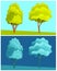 Day and night illustration view at trees at hill, dark blue and green view, scenery with clear sky