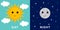 Day and night illustrations with funny smiling cartoon characters of sun and moon