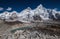 Day panoramic view of  mountains: Mount Everest 8848m, Nuptse 7861m, Everest base camp path and Khumbu Glacier from Kala Patthar