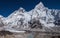 Day panoramic view of  mountains: Mount Everest 8848m, Nuptse 7861m, Everest base camp path and Khumbu Glacier from Kala Patthar