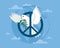 Day peace international, love symbol, tranquility and calm, harmony. White dove with olive branch in its beak, flying in
