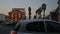 Day to night holy grail time lapse of entrance to historic town centre of Cascais, Portugal on busy summer evening