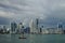 Day view of Panama City Over Panama Bay with skyline and a fishing boat on the foreground