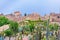 Daylight foggy view to Eze village with botanical garden full of