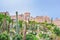 Daylight foggy view to Eze village with botanical garden full of
