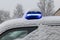 daylight. police siren blue under the snow. Close-up