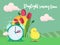 Daylight saving time banner. Clocks move forward. Tulips and chicken near the clock. Spring clock change concept.