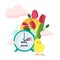 Daylight saving time. Clocks move forward. Tulips and chicken near the clock. Spring clock change concept.