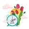 Daylight saving time concept. Clocks move forward. Tulips and sun near the clock. Spring clock change.