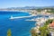 Daylight view to beachline and blue sea of Antibes, France