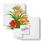 Daylily bushes with yellow, red and orange delicate flowers and green fan leaves, vector illustration