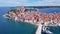 Daytime aerial of old town Rovinj, ancient Croatian city at the sea. Istria
