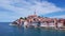 Daytime aerial of old town Rovinj, ancient Croatian city at the sea. Istria