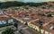 Daytime aerial view over Granada street and city center of Cusco, Peru during coronavirus lockdown