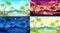 Daytime beach landscape. Sunny day seascape, night ocean and sunset beach cartoon vector illustration set