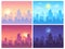 Daytime cityscape. Morning, day and night city skyline landscape, town buildings in different time and urban vector