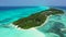 Daytime flying island view of a sunshine white sandy paradise beach and blue sea background in 4K