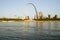 Daytime view of Gateway Arch (Gateway to the West) and skyline of St. Louis, Missouri at sunrise from East St. Louis, Illinois on