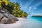 Daytrip to Therese Island. Mahe, Seychelles Coconut palm trees on tropical secluded sandy beach, blue lagoon against a