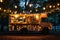A dazzling food truck adorned with vibrant lights, ready to serve delicious meals, A food truck with twinkling fairy lights at a