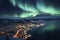 Dazzling northern lights paint the night sky over the bustling city