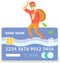 DDoS attack on bank card. Man hacker stands on credit card being under attack. Masked intruder