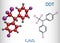 DDT, dichlorodiphenyltrichloroethane molecule. It is commonly used organochlorine insecticide. Structural chemical formula and