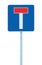 Dead end no through road traffic sign, isolated roadside T signage on pole post signpost signboard, blue, red, large detailed