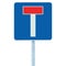 Dead end no through road traffic sign, isolated roadside T signage, pole post signpost signboard, blue, red large detailed closeup