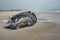 Dead Female Humpback Whale on Fire Island, Long Island, Beach, with Sand in Foreground and Atlantic Ocean in Background