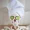 Dead man to take care of beauty. Skeleton in Spa salon.