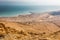 Dead sea coastline view high angle from above, old ruins.