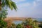 Dead Sea seashore with palm trees and mountains on background