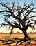 Dead tree with bare branches in desert landscape, generative ai