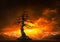 Dead tree branch and colorful skies behind snowcaped mountain