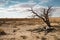 Dead tree and vegetation, drought landscape. Generative AI realistic illustration