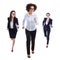 Deadline concept - front view of running business women isolated