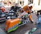 Deadwood South Dakota, bright orange and black and white Harley Davidson motorcycle