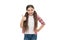 Deal with tangled hair. Girl cute kid with ponytails isolated on white. Tangled hair remedies. Barber salon and hair