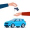 Dealer hand giving keys chain to a buyer hand. Blue modern Suv car, side view. Buying or renting a car. Vector illustration