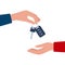 Dealer hand giving keys chain to a buyer hand. Buying or renting a car. Vector illustration