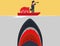 Dealing with business crisis, risk management. businessman\\\'s boat is attacked by a large shark