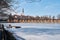 Dean`s Church of Lord`s Conversion and other buildings behind the Jordan dam in Tabor in the Czech Republic