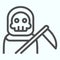 Death person line icon. Stranger in a coat with scytche. Halloween vector design concept, outline style pictogram on