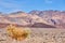 Death Valley colorful desert mountains next to empty plains with lone shrub