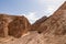 Death valley - Golden Canyon trailhead with scenic view of colorful geology of multi hued Amargosa Chaos rock formations, USA