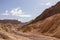 Death valley - Golden Canyon trailhead with scenic view of colorful geology of multi hued Amargosa Chaos rock formations, USA