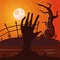 Death zombie hand and moon with tree scene