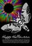 Deaths head hawkmoth on halloween flyer on black background with rainbow psychedelic circle rays